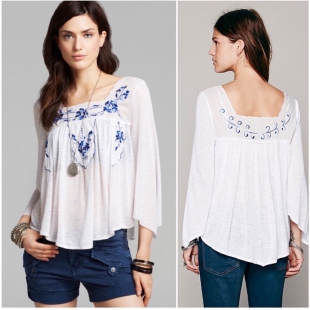 Free People White Boho Blouse with Blue Floral Embroidery